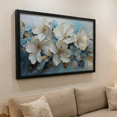 Pristine Blooms - White & Blue Floral Art (Premium Glass Frame)