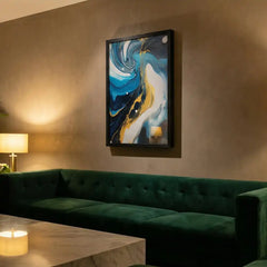 Azure & Gold Flow - Modern Abstract Swirl Art (Premium Glass Frame)