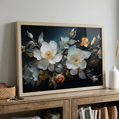 Midnight & Ivory Blossoms - Floral Art (Premium Glass Frame)