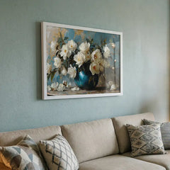 White Blossoms in Blue Vase - Floral Art (Premium Glass Frame)
