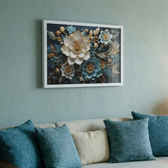 Midnight Teal Blossoms - Floral Art (Premium Glass Frame)