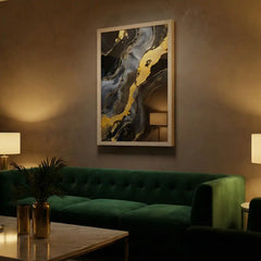 Black & Gold Fluid Marble Abstract - Premium Glass Framed Wall Art