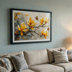 Vibrant Yellow & Orange Floral Butterfly - Premium Glass Framed Wall Art