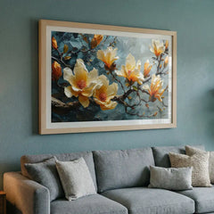 Elegant Cream & Teal Blossom - Premium Glass Framed Wall Art