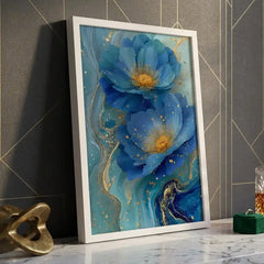 Ocean Blue & Gold Floral - Premium Glass Framed Wall Art