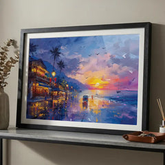 Twilight Coast - Sea Beach & City Lights Art (Premium Glass Frame)