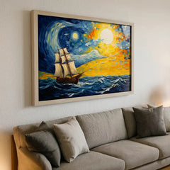 Celestial Voyage - Van Gogh Style Ship Art (Premium Glass Frame)