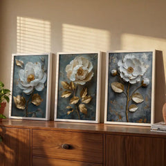 Gilded White Blooms - 3 Piece Metallic Floral Combo (Premium Glass Frame)