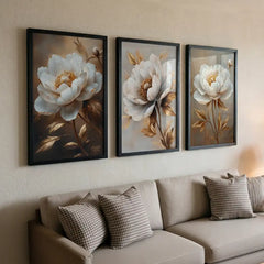 Golden Aura White Peonies - 3 Piece Floral Art Combo (Premium Glass Frame)