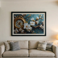 Vintage Clock & White Floral - Premium Glass Framed Wall Art