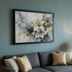 White Lily & Gold Splatters - Floral Art (Premium Glass Frame)