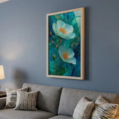Ethereal Teal Floral - Premium Glass Framed Wall Art