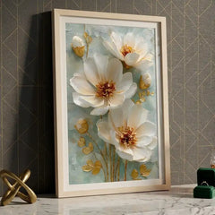 Elegant White & Gold Floral - Premium Glass Framed Wall Art