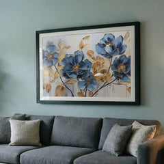 Sapphire & Gold Blooms - Floral Art (Premium Glass Frame)