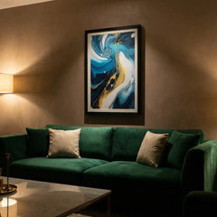 Azure & Gold Flow - Modern Abstract Swirl Art (Premium Glass Frame)