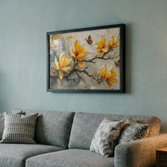 Vibrant Yellow & Orange Floral Butterfly - Premium Glass Framed Wall Art
