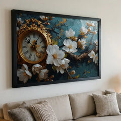 Vintage Clock & White Floral - Premium Glass Framed Wall Art