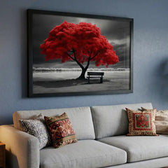 Striking Red Tree Scenery - Premium Glass Framed Wall Art