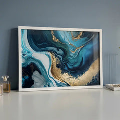 Blue Gold Fluidity - Modern Marble Abstract Art (Premium Glass Frame)