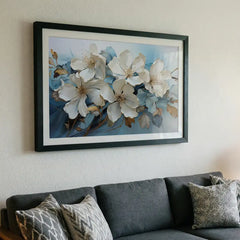 Pristine Blooms - White & Blue Floral Art (Premium Glass Frame)