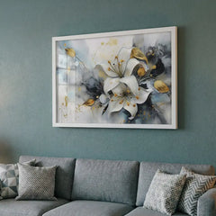 White Lily & Gold Splatters - Floral Art (Premium Glass Frame)