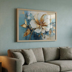 Azure & Gold Petals - Floral Art (Premium Glass Frame)