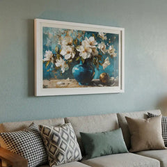 Azure Vase Blossoms - Still Life Art (Premium Glass Frame)