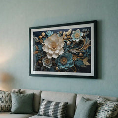 Midnight Teal Blossoms - Floral Art (Premium Glass Frame)