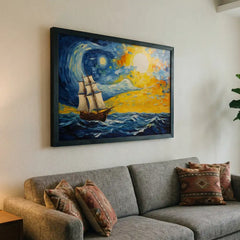 Celestial Voyage - Van Gogh Style Ship Art (Premium Glass Frame)