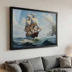 Coastal Voyage - Bright Ocean Ship Art (Premium Glass Frame)