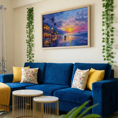 Twilight Coast - Sea Beach & City Lights Art (Premium Glass Frame)