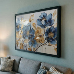 Sapphire & Gold Blooms - Floral Art (Premium Glass Frame)