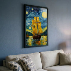 Golden Sails under Starry Skies - Vertical Van Gogh Ship Art (Premium Glass Frame)