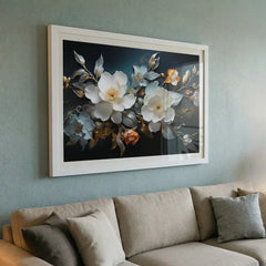 Midnight & Ivory Blossoms - Floral Art (Premium Glass Frame)