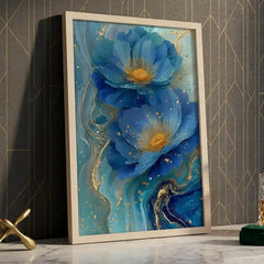 Ocean Blue & Gold Floral - Premium Glass Framed Wall Art