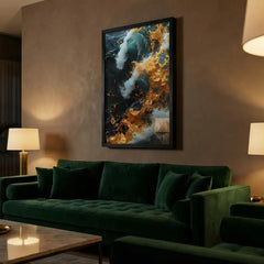 Golden Blue Swirl Abstract - Premium Glass Framed Wall Art