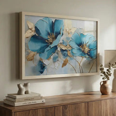 Azure Blooms - Blue & Gold Floral Art (Premium Glass Frame)