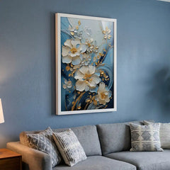 Blue & Gold 3D-Style Floral - Premium Glass Framed Wall Art