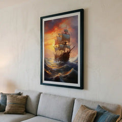 Golden Sunset Voyage - Majestic Sailing Ship Art (Premium Glass Frame)