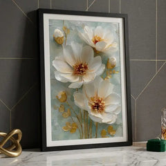Elegant White & Gold Floral - Premium Glass Framed Wall Art