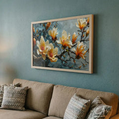 Elegant Cream & Teal Blossom - Premium Glass Framed Wall Art