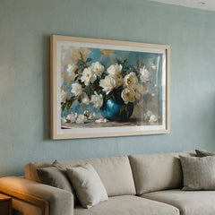 White Blossoms in Blue Vase - Floral Art (Premium Glass Frame)