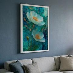 Ethereal Teal Floral - Premium Glass Framed Wall Art