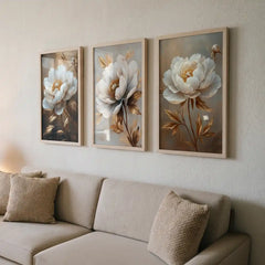 Golden Aura White Peonies - 3 Piece Floral Art Combo (Premium Glass Frame)
