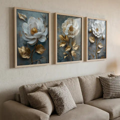 Gilded White Blooms - 3 Piece Metallic Floral Combo (Premium Glass Frame)