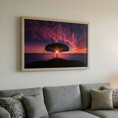Majestic Magenta Twilight - Solitary Tree Sunset Scenery (Premium Glass Frame)