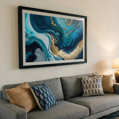 Blue Gold Fluidity - Modern Marble Abstract Art (Premium Glass Frame)