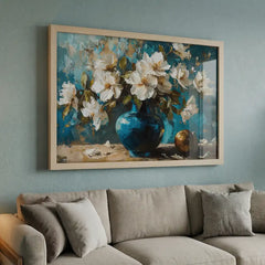 Azure Vase Blossoms - Still Life Art (Premium Glass Frame)