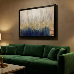 Golden Rainfall - Blue & Gold Abstract Art (Premium Glass Frame)