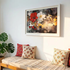 Crimson Elegance - Red & White Floral Art (Premium Glass Frame)